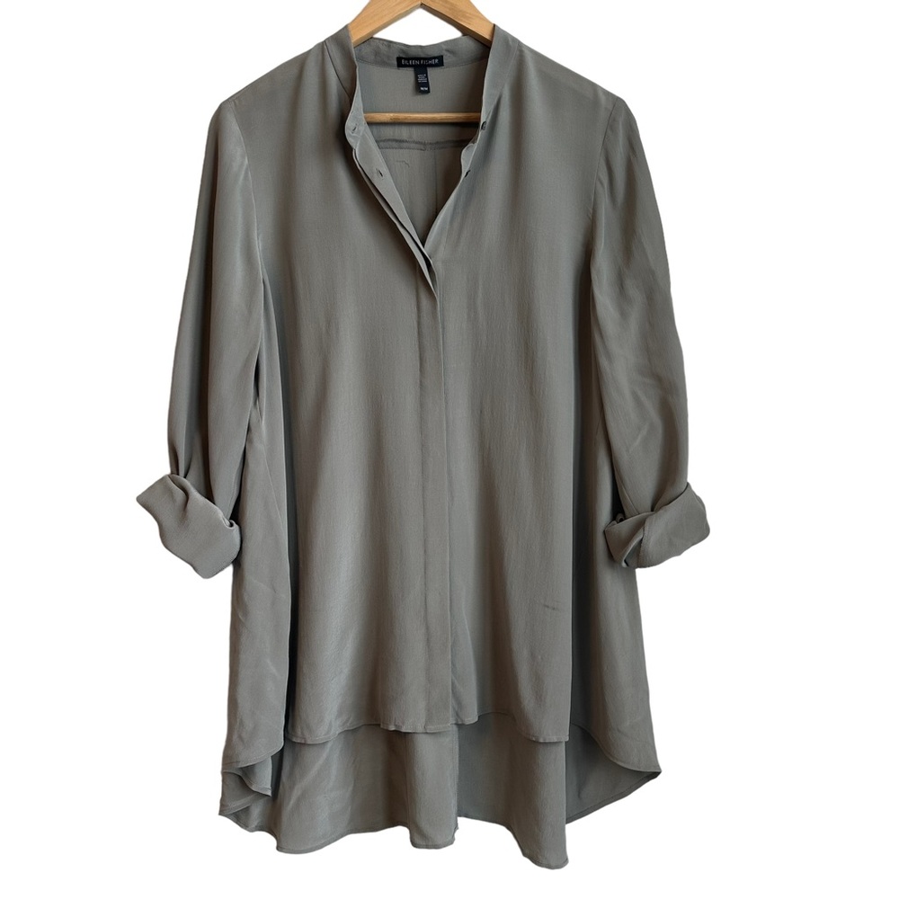 Eileen Fisher 100% Silk Long Sleeve Button Up Blouse Dark Grey Size Medium